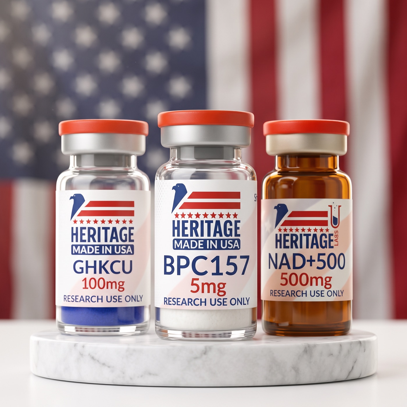 Heritage Labs vials on a marble pedestal in front of the American flag